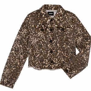 NWT Hudson Girls' Leopard Print Gold Studded Denim Jacket Size L